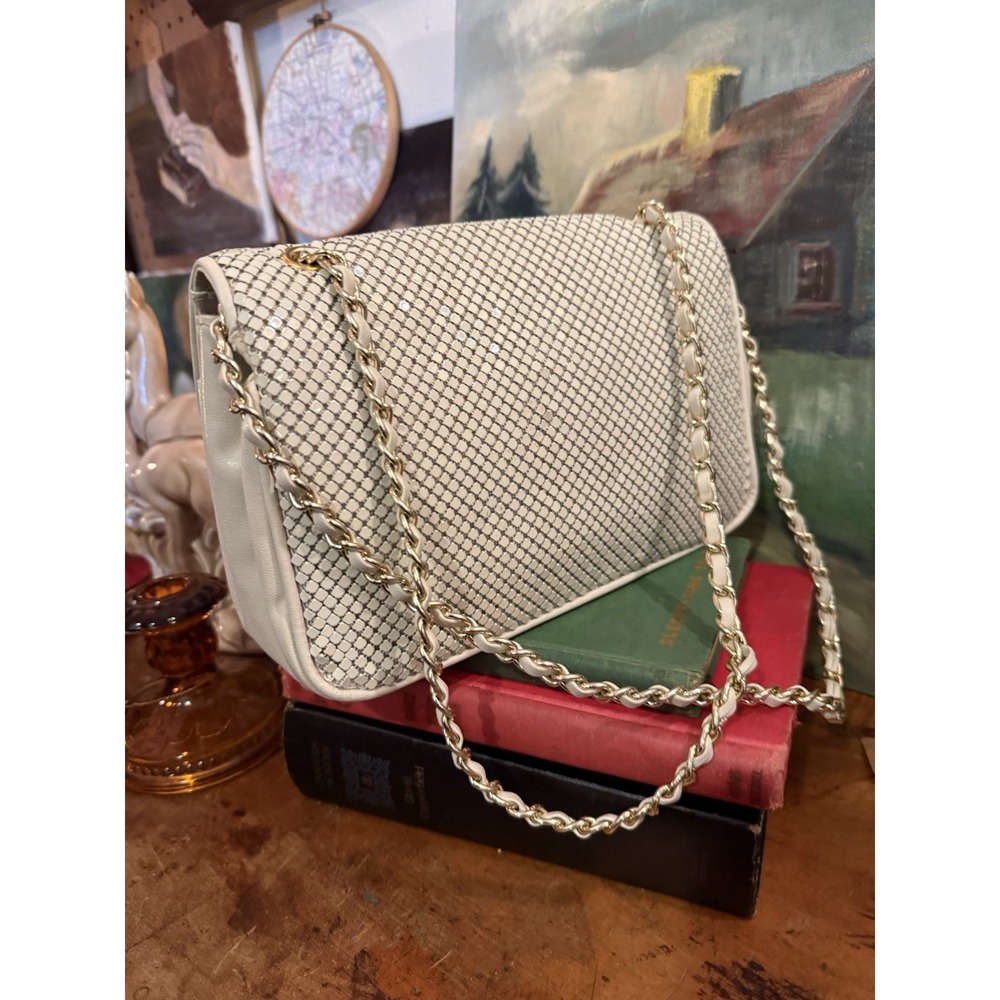 Vintage Whiting & Davis White Metal Mesh Purse Gold Chain Shoulder Bag 10.5" - Picture 3 of 15